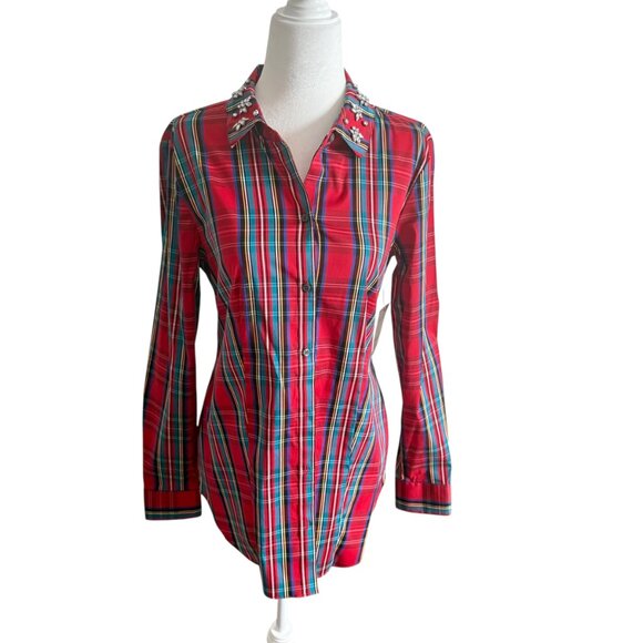NWT Red Plaid Button Down Shirt Christmas Charter Club US 6 Rhinestones - Picture 4 of 13
